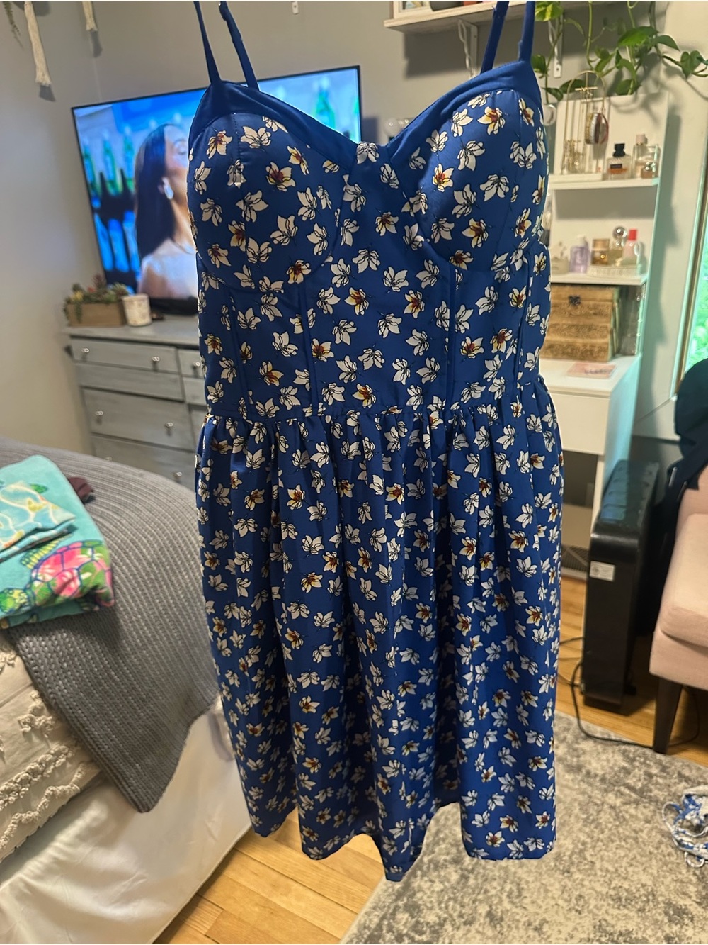 Girls' Blue Floral Sundress with Spaghetti Straps